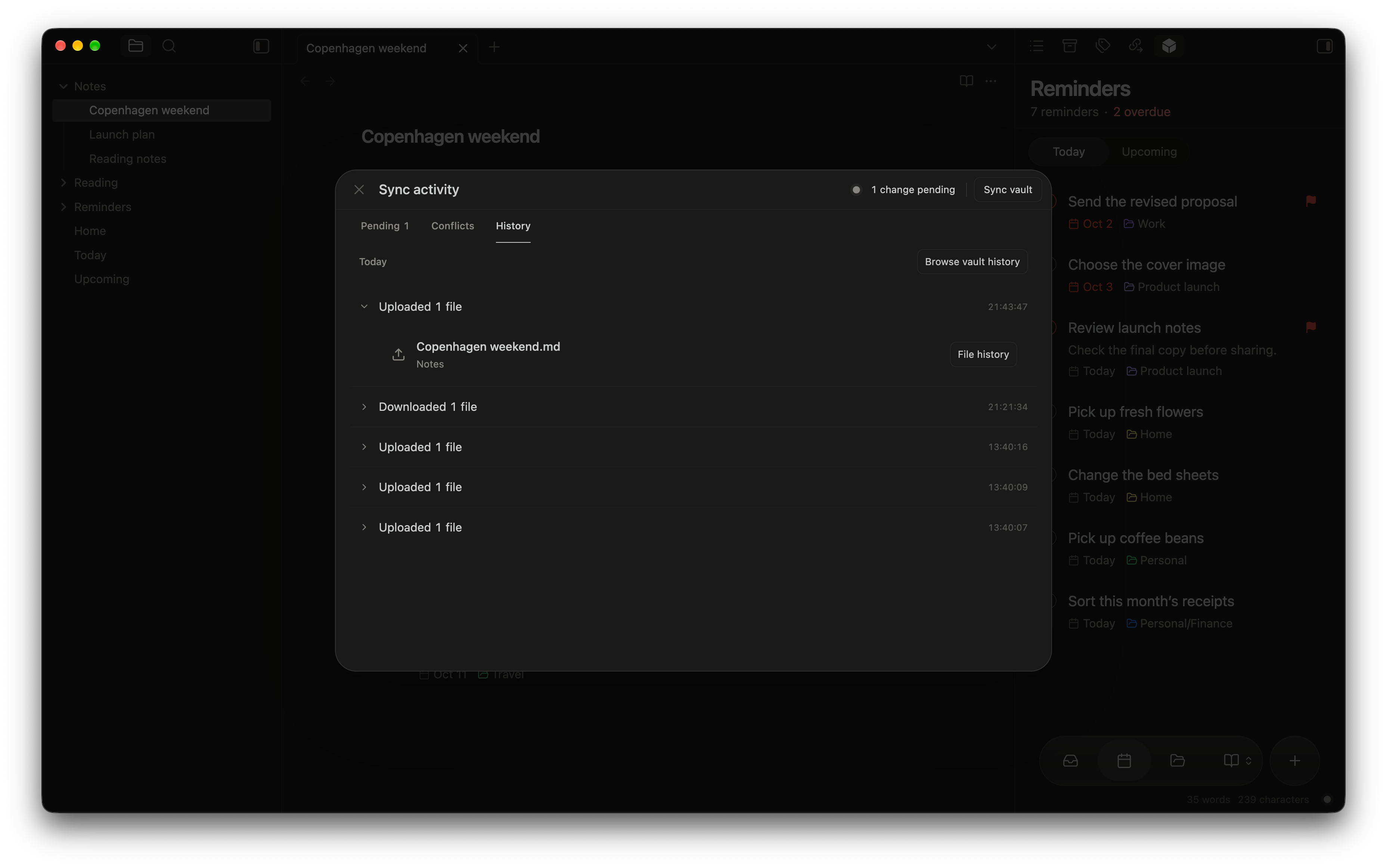 Sync history showing uploads and a download, with the latest upload expanded to show Copenhagen weekend and its File history action.