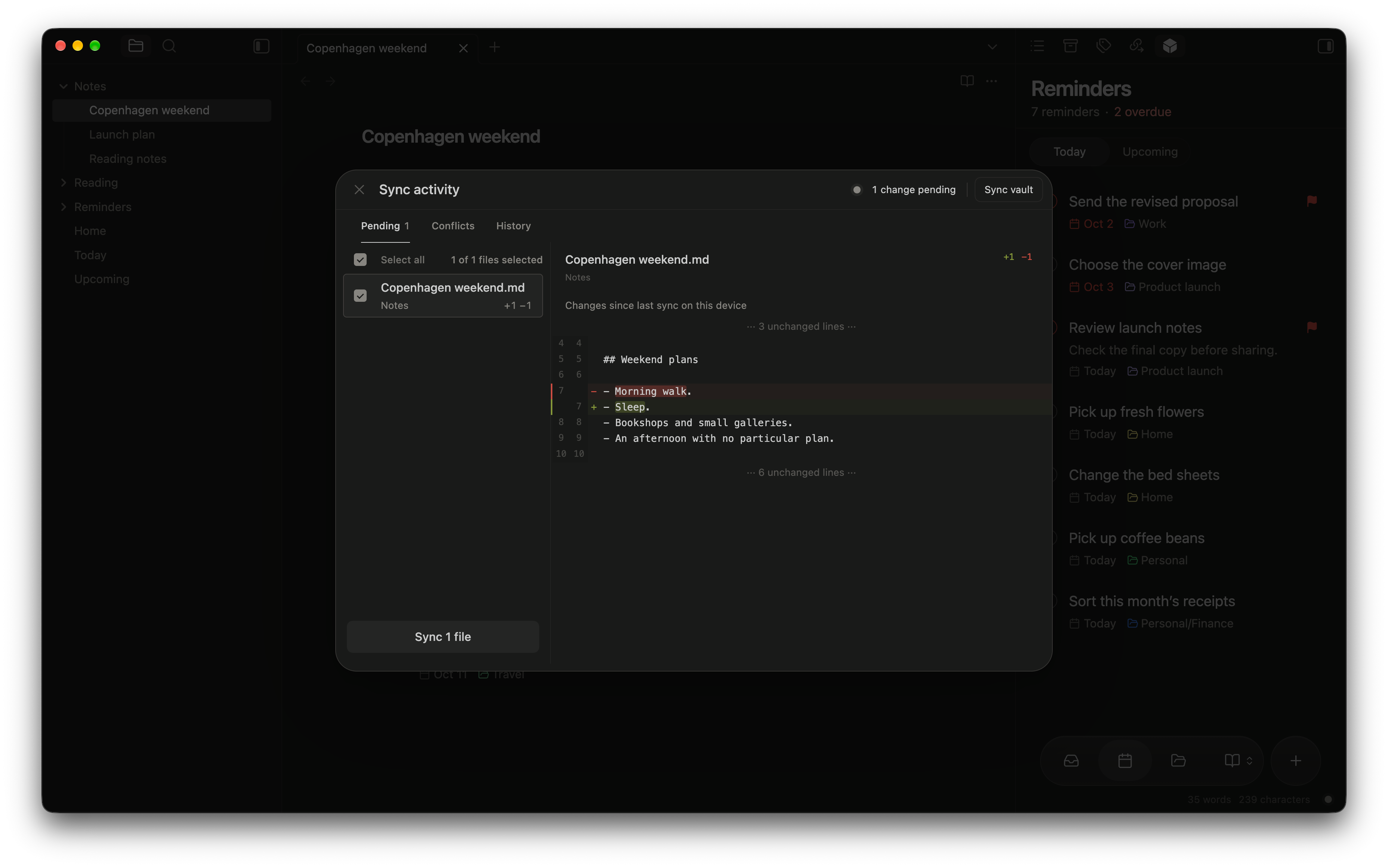 One pending change to Copenhagen weekend, selected for sync with added and removed text shown in a diff.