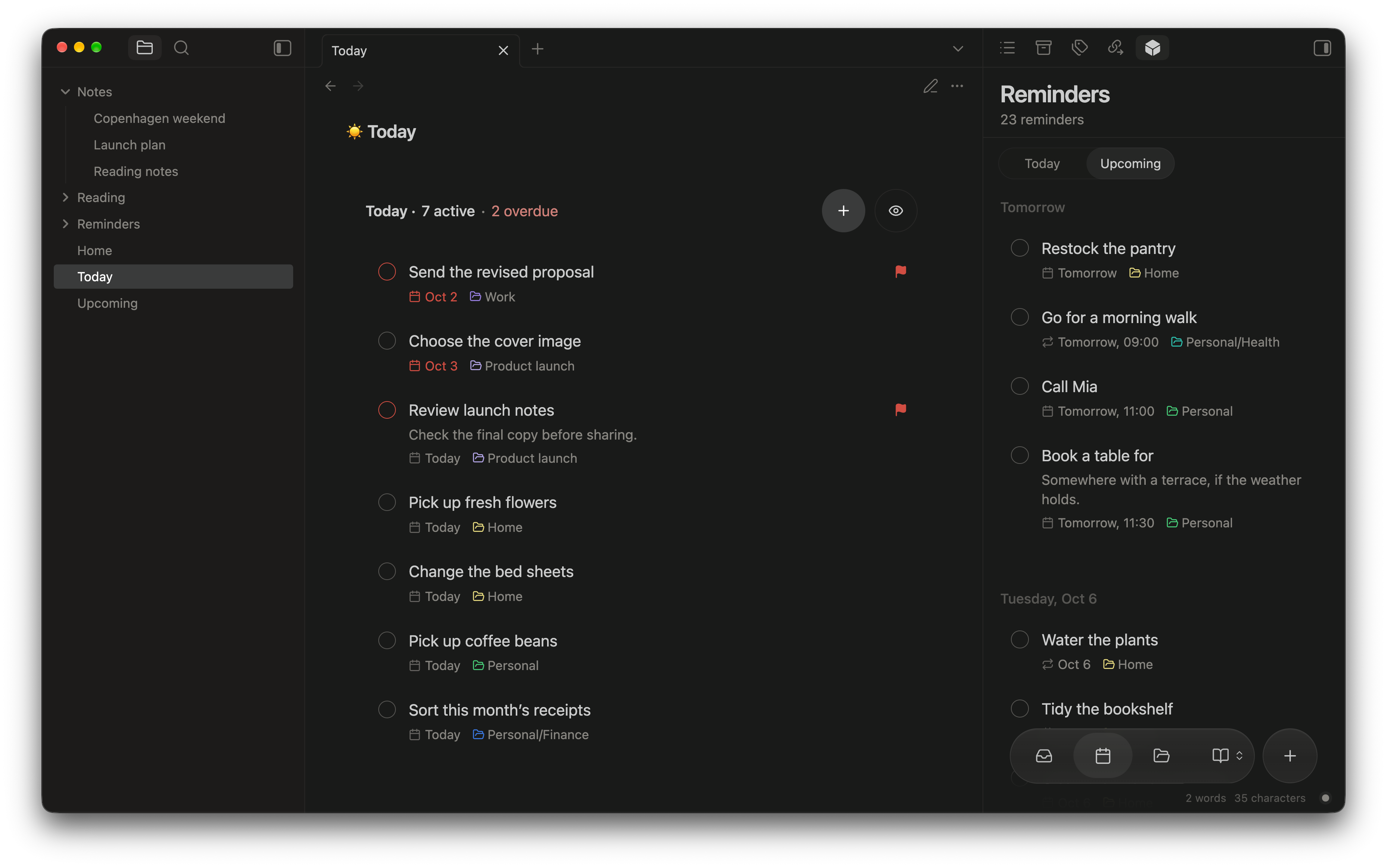 Crate’s Today note with seven active reminders and two overdue, beside the Upcoming reminders sidebar in Obsidian.