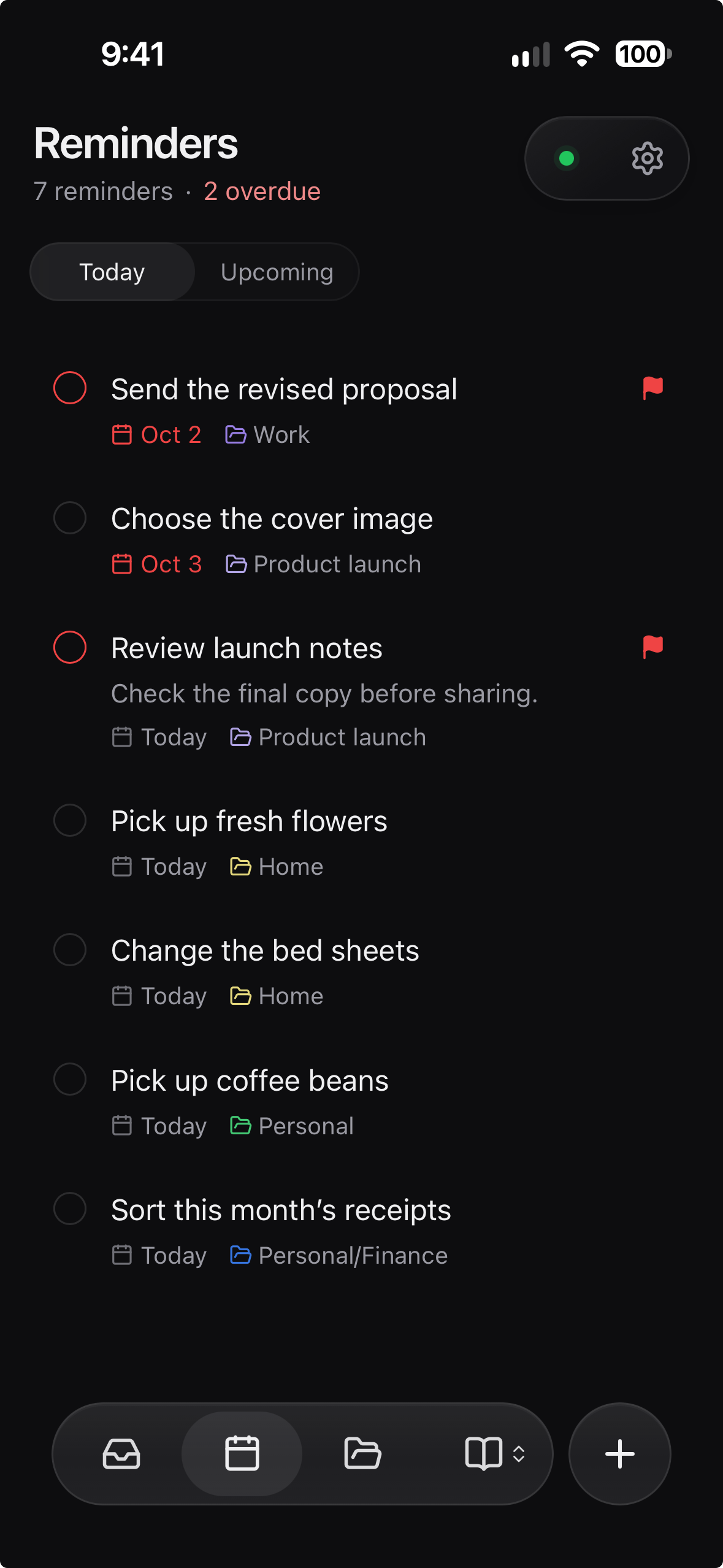 Crate’s mobile Today view with seven reminders and two overdue.
