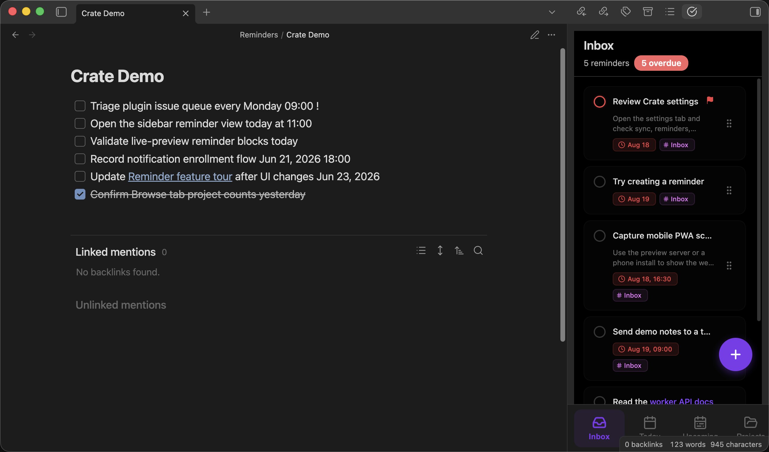 Crate's reminder sidebar running inside an Obsidian test vault